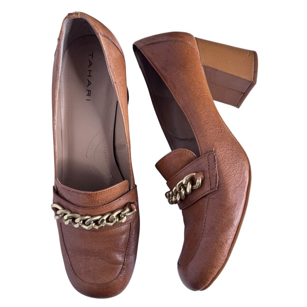 Tahari Brown Leather Chain Loafer Block Heel Pumps Womens Size 8.5 Cognac - Picture 3 of 16